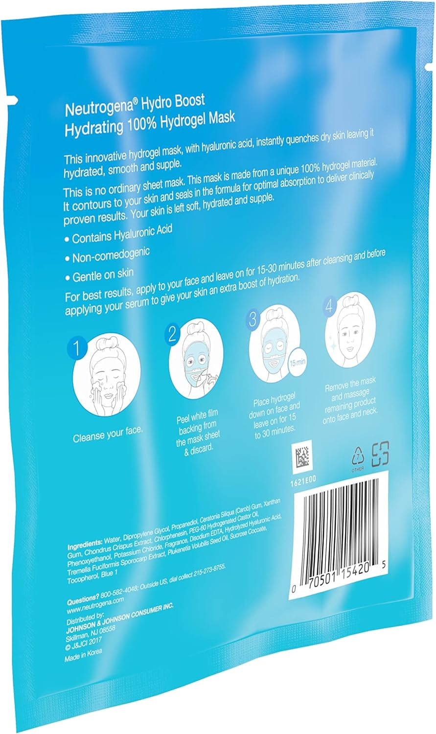 Hydro Boost Moisturising & Hydrating 100% Hydrogel Sheet Face Mask for Dry Skin with Hyaluronic Acid, Gentle & Non-Comedogenic, 1 Ounce (Pack of 12)