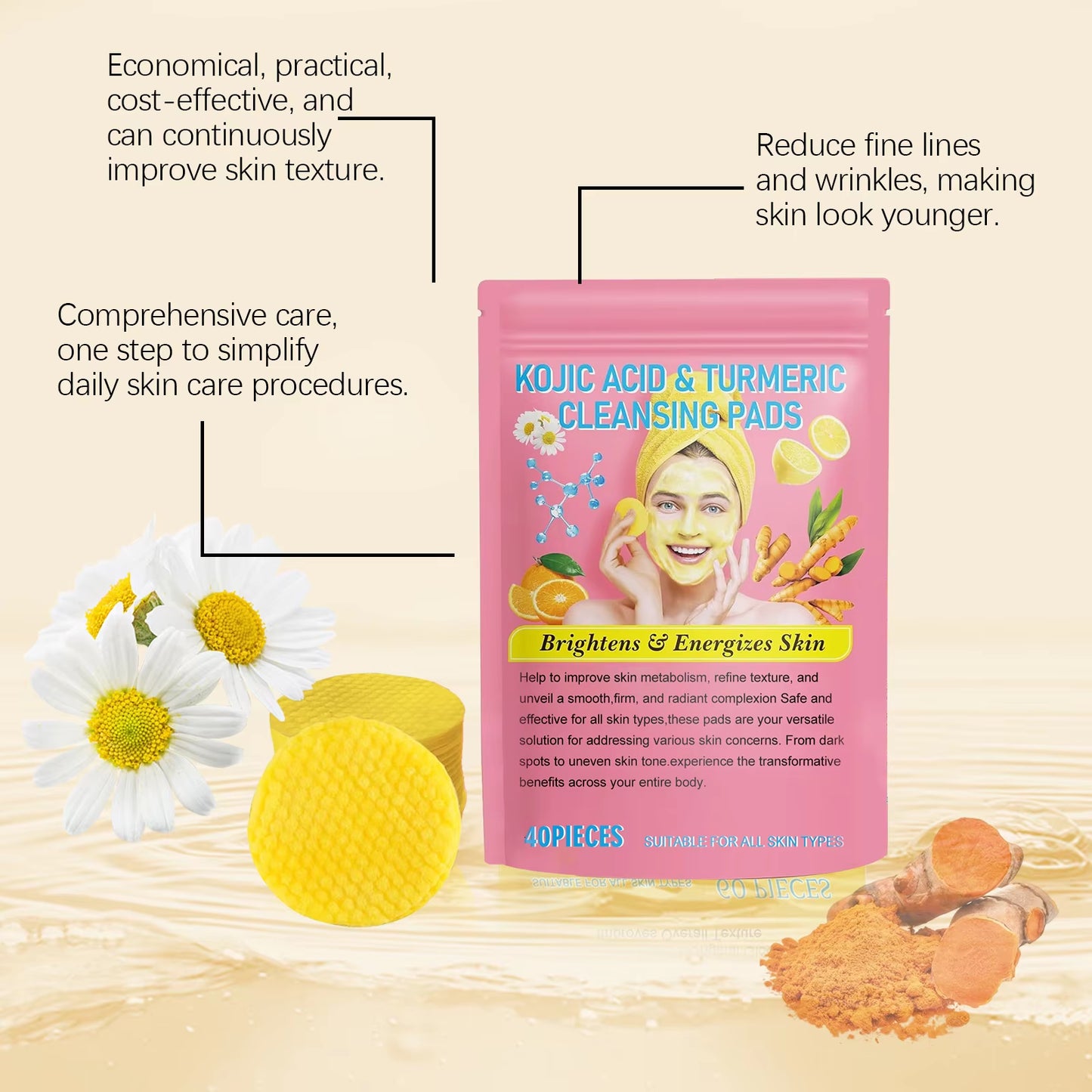 Turmeric Facial Exfoliating Sponge Pore Shrinking Oil Control Smooth Skin Cleansing Kojic Acid Facial Cleaning Sponges