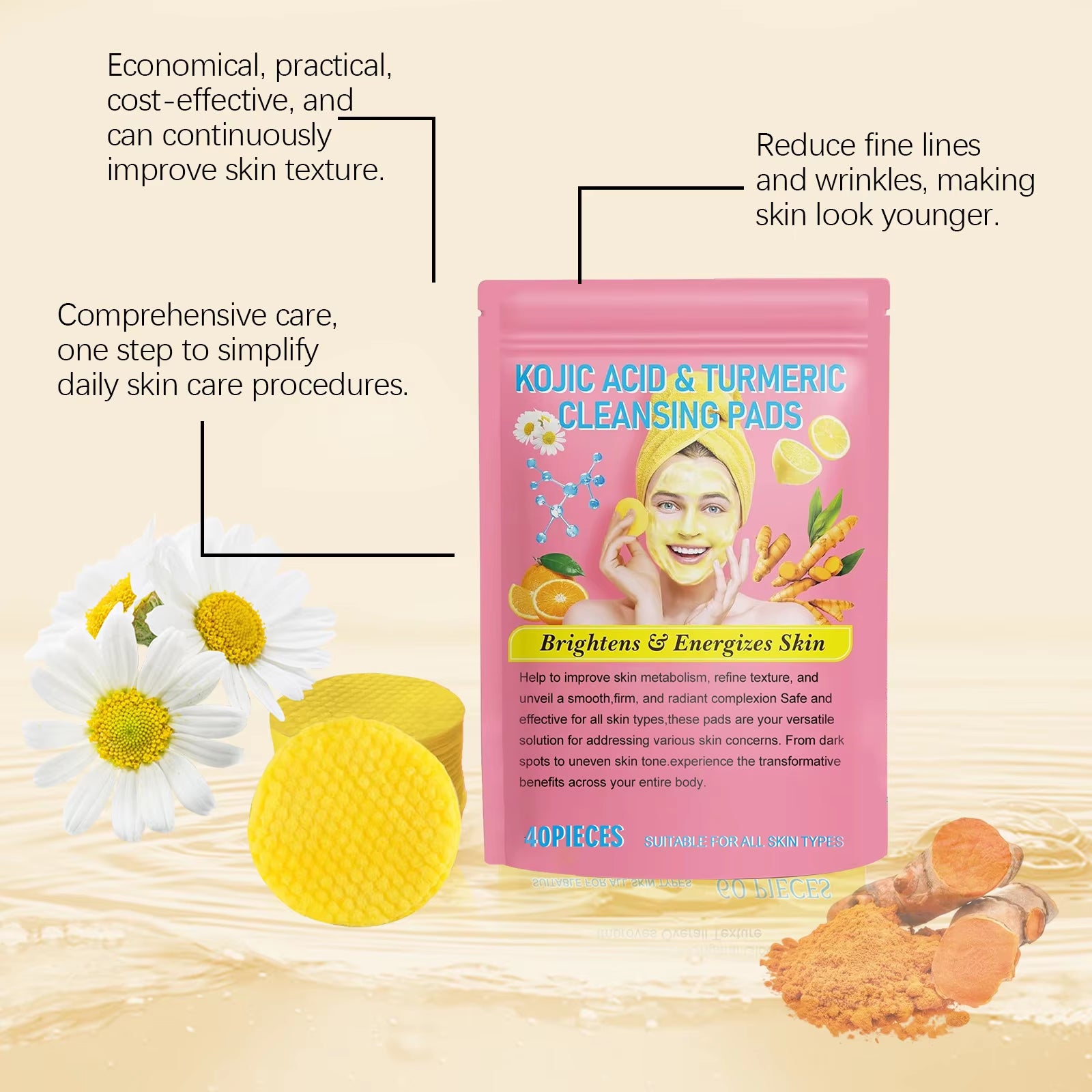 Turmeric Facial Exfoliating Sponge Pore Shrinking Oil Control Smooth Skin Cleansing Kojic Acid Facial Cleaning Sponges